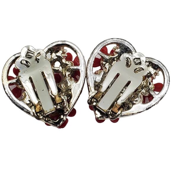 Red Lucite Heart Clip Earrings Silver Tone Flower Rhinestone Vintage Valentines - Picture 4 of 5